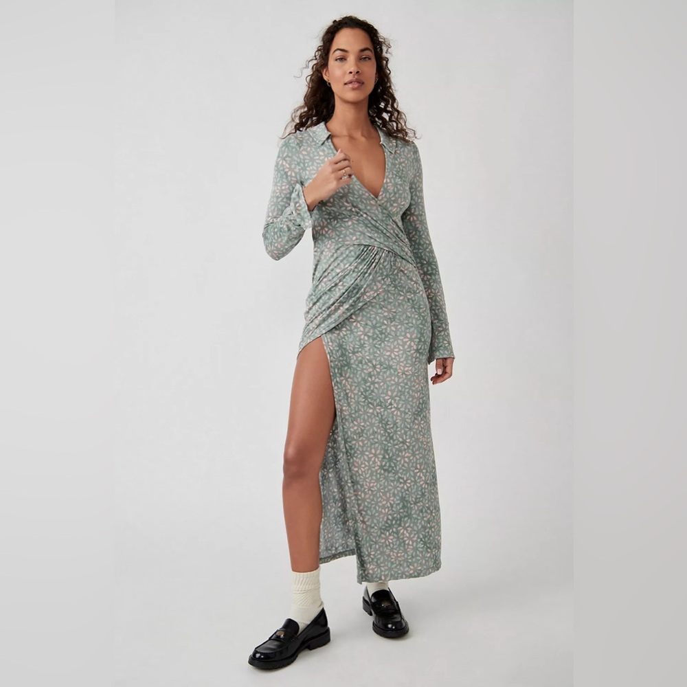 NWOT FREE PEOPLE Shayla Wrap maxi Floral slit Longsleeve Dress in mint combo
